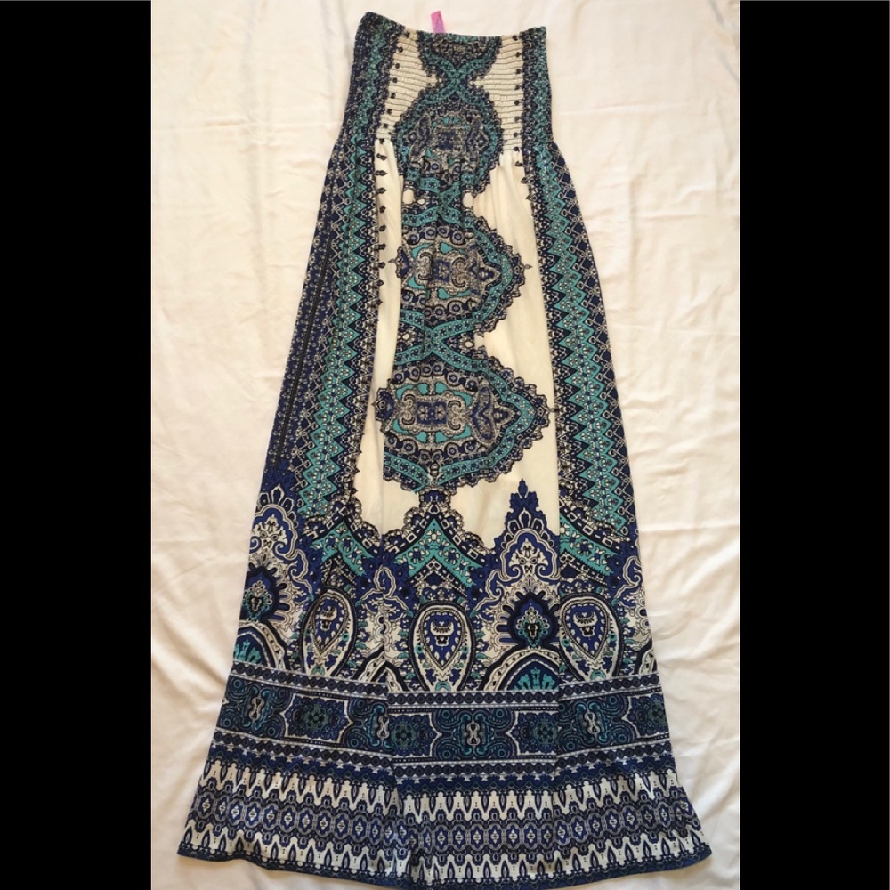 Blue and white strapless maxi dress petite